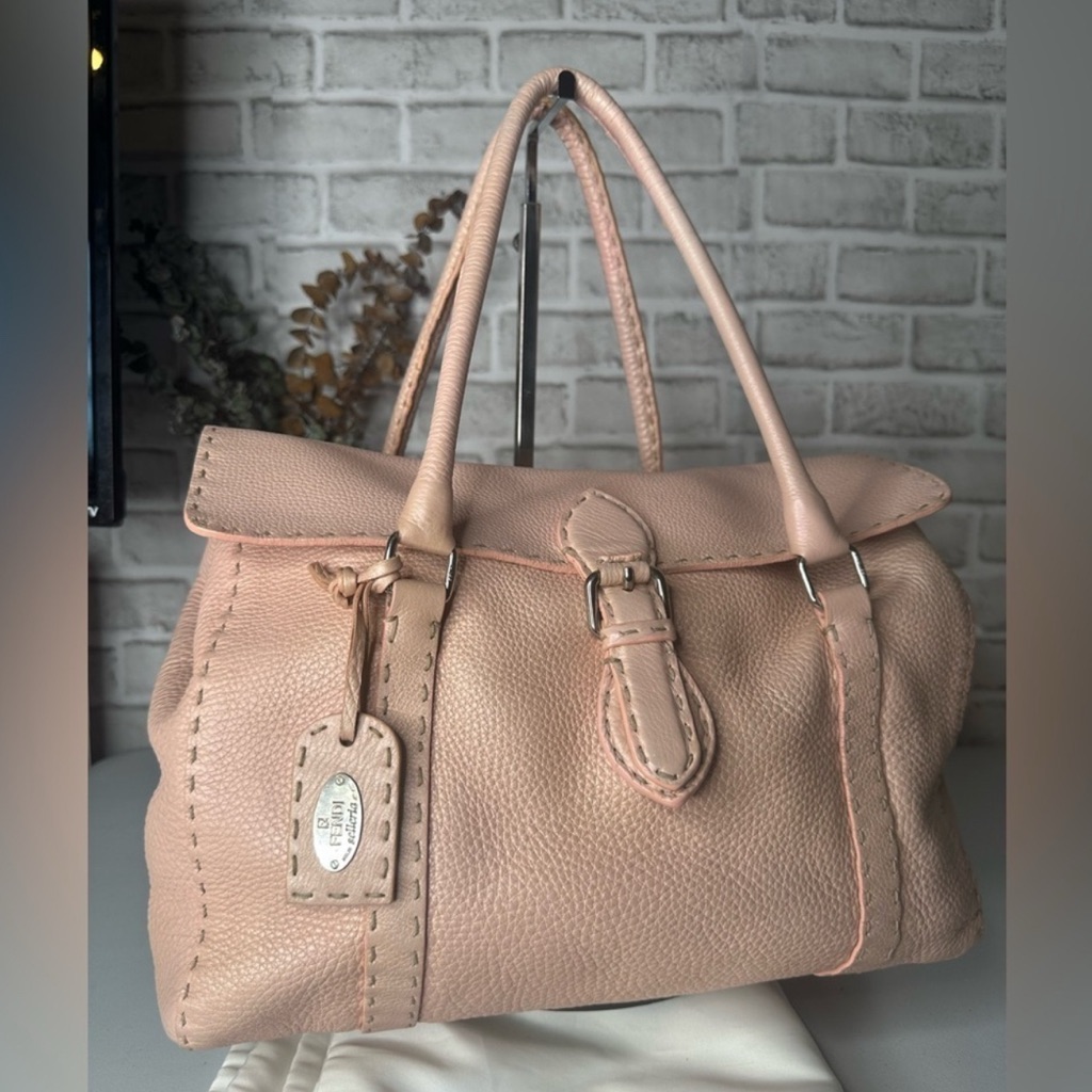 Fendi Selleria Leather Light Pink Large Tote Bag Flap Close Silver Hardware Guc